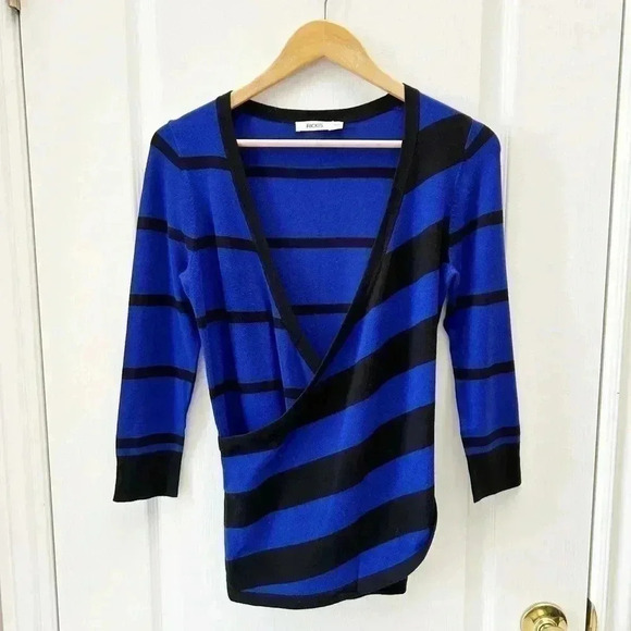 Ricki’s Wrap Front Sweater Deep V Neckline Thin Knit Blue Black Stripes  XS - Picture 3 of 15